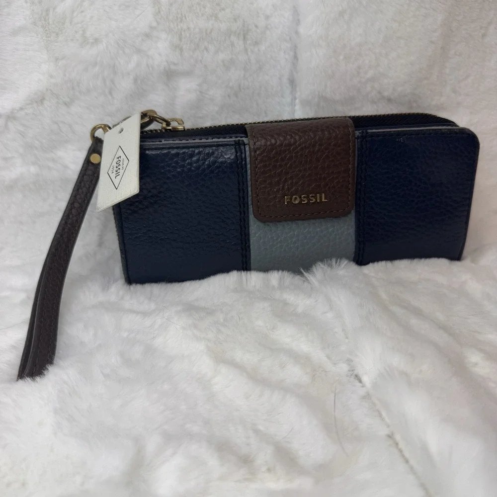 Fossil Navy Brown & Blue Leather Wallet Gold Wristlet Strap ~ Gray Lined  NEW